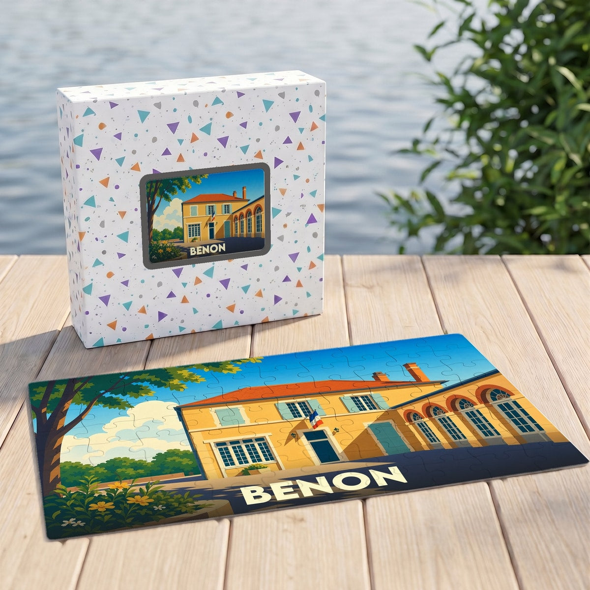 Puzzle souvenir de la ville de Benon avec une illustration stylisée d'un bâtiment ensoleillé.