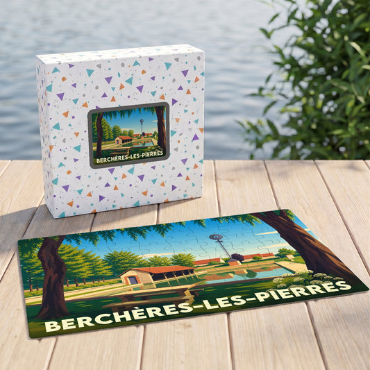 Puzzle souvenir de la ville de Berchères-les-Pierres avec une illustration stylisée de son paysage champêtre.