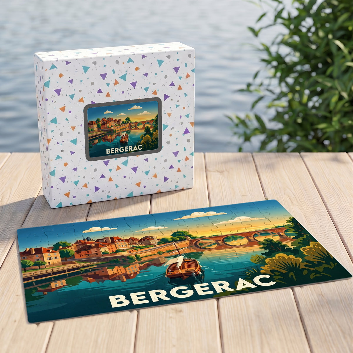 Puzzle souvenir de la ville de Bergerac représentant une illustration colorée et stylisée des bords de la Dordogne.