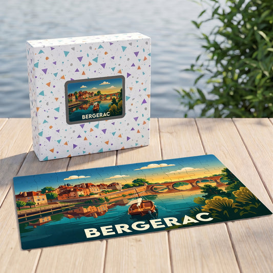 Puzzle souvenir de la ville de Bergerac représentant une illustration colorée et stylisée des bords de la Dordogne.