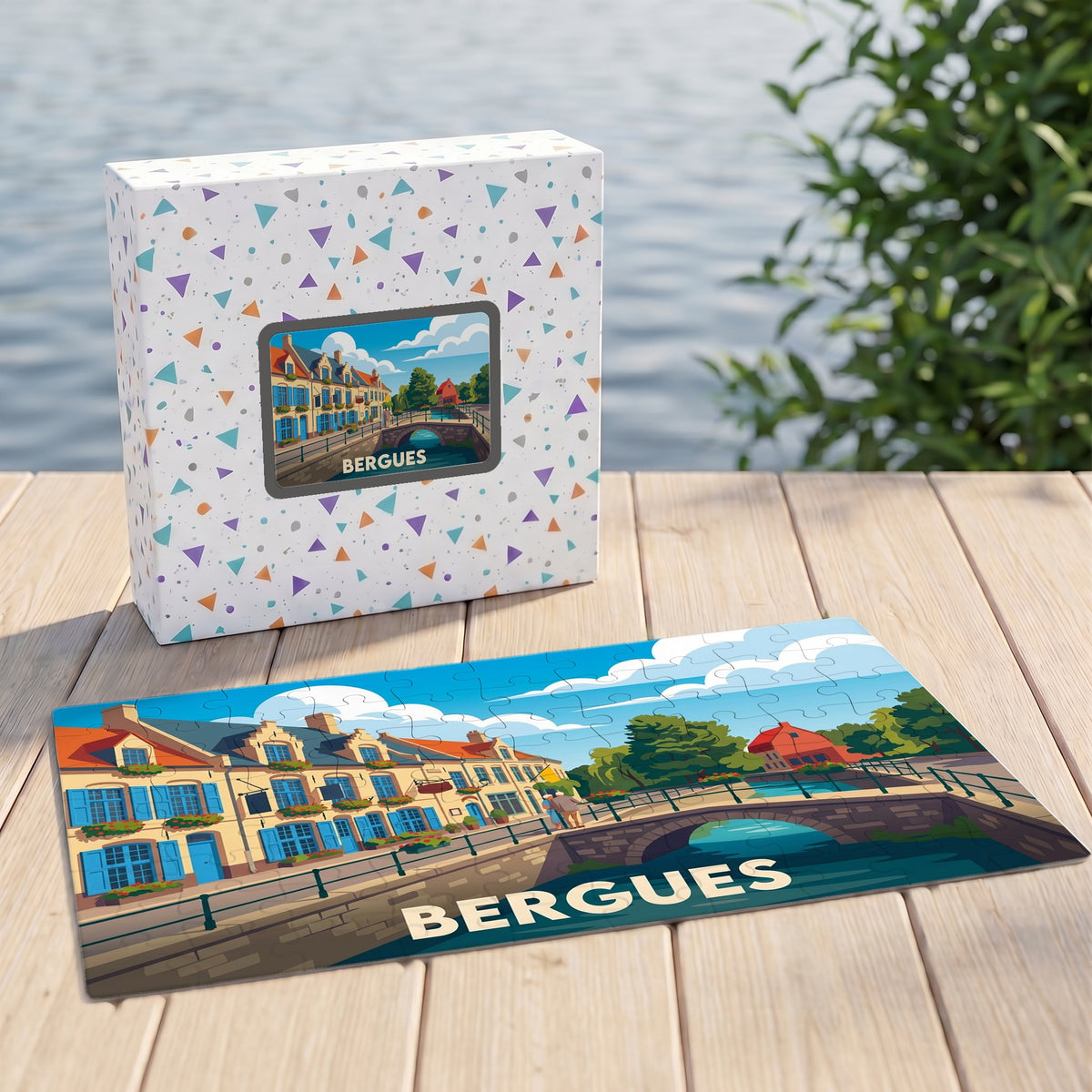Puzzle souvenir de la ville de Bergues avec une illustration colorée et stylisée de ses canaux.