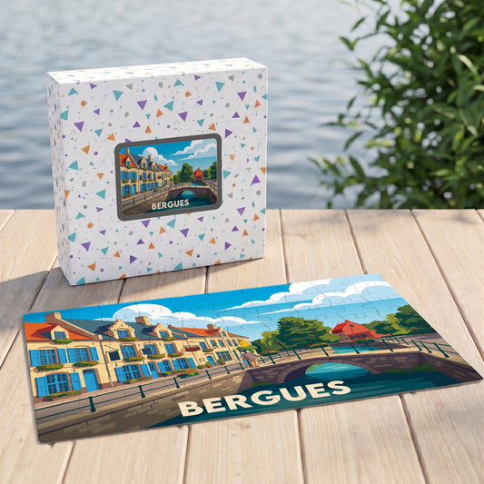 Puzzle souvenir de la ville de Bergues avec une illustration colorée et stylisée de ses canaux.