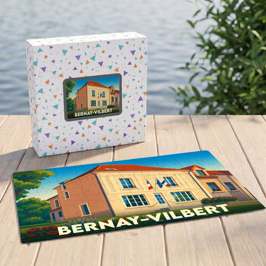Puzzle souvenir de la ville de Bernay-Vilbert avec une illustration stylisée du bâtiment de la mairie.