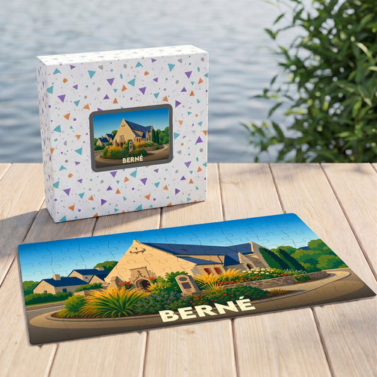 Puzzle souvenir de la ville de Berné illustrant son église avec un style graphique épuré.