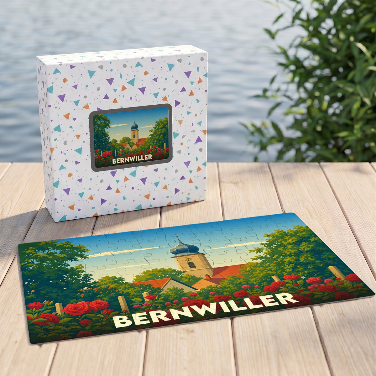 Puzzle souvenir de la ville de Bernwiller avec une illustration stylisée de son église et de roses.