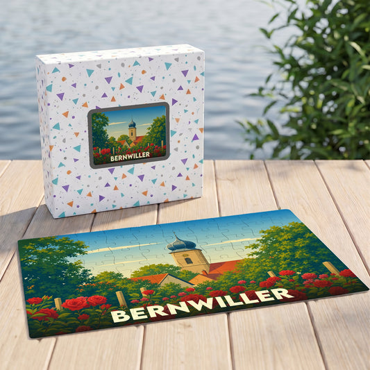 Puzzle souvenir de la ville de Bernwiller avec une illustration stylisée de son église et de roses.