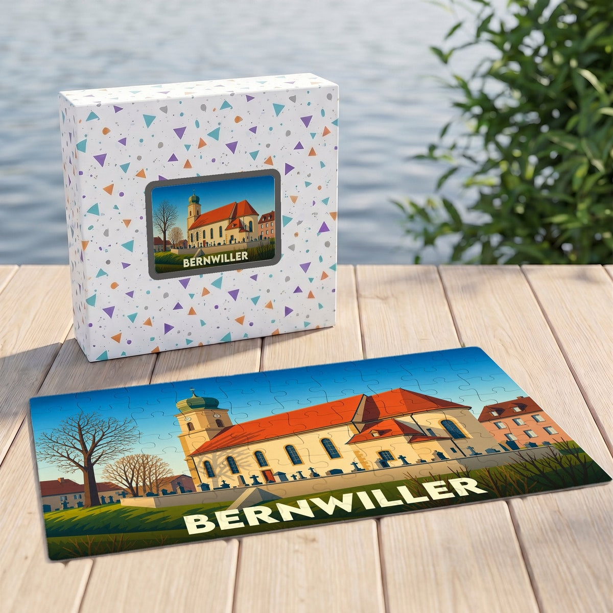 Puzzle souvenir de la ville de Bernwiller avec une illustration stylisée de son église et de ses environs.