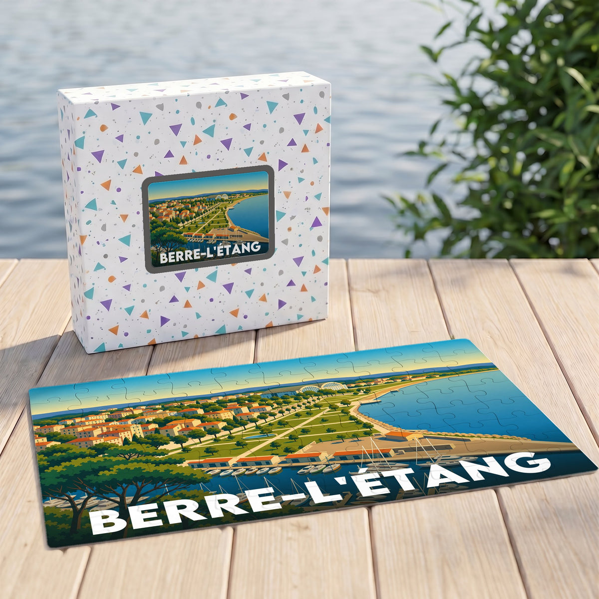 Puzzle souvenir de la ville de Berre-l'Étang avec une illustration panoramique stylisée de son front de mer.