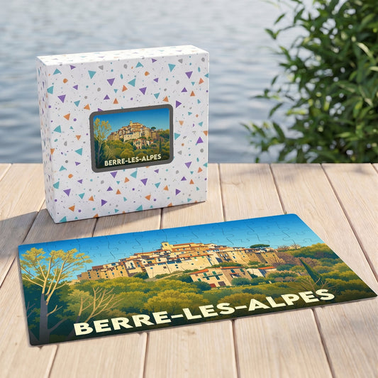 Puzzle souvenir de la ville de Berre-les-Alpes avec son illustration stylisée et sa boîte assortie.