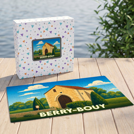 Puzzle souvenir de la ville de Berry-Bouy avec une illustration stylisée d'un bâtiment historique.