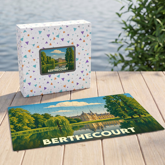 Puzzle souvenir de la ville de Berthecourt avec une illustration stylisée d'un château au bord de l'eau.