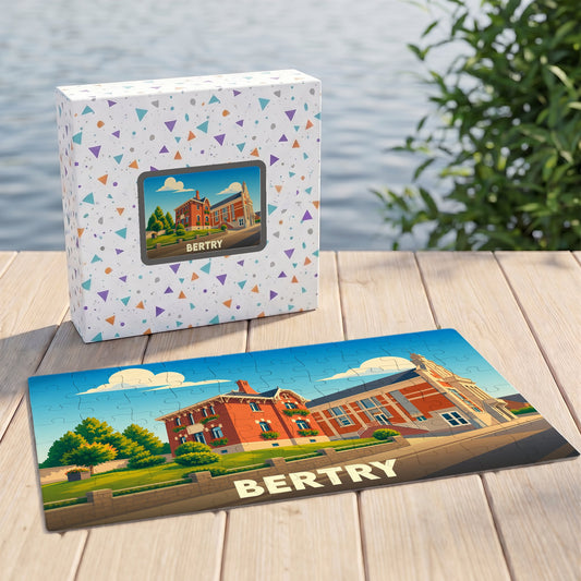 Puzzle souvenir de la ville de Bertry avec une illustration stylisée et colorée.