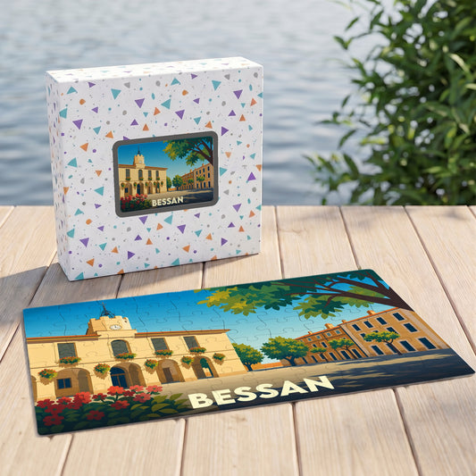 Puzzle souvenir de la ville de Bessan avec une illustration colorée de l'hôtel de ville.