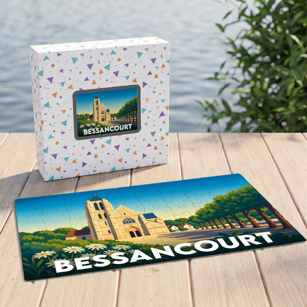 Puzzle souvenir de la ville de Bessancourt avec une illustration stylisée de son église et de son paysage.