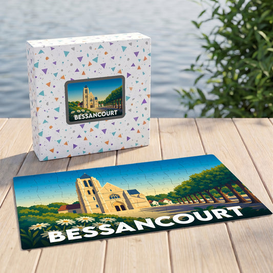 Puzzle souvenir de la ville de Bessancourt avec une illustration stylisée de son église et de son paysage.