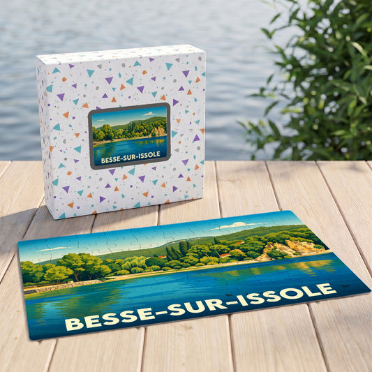 Puzzle souvenir de la ville de Besse-sur-Issole avec une illustration stylisée de son lac et de ses paysages.