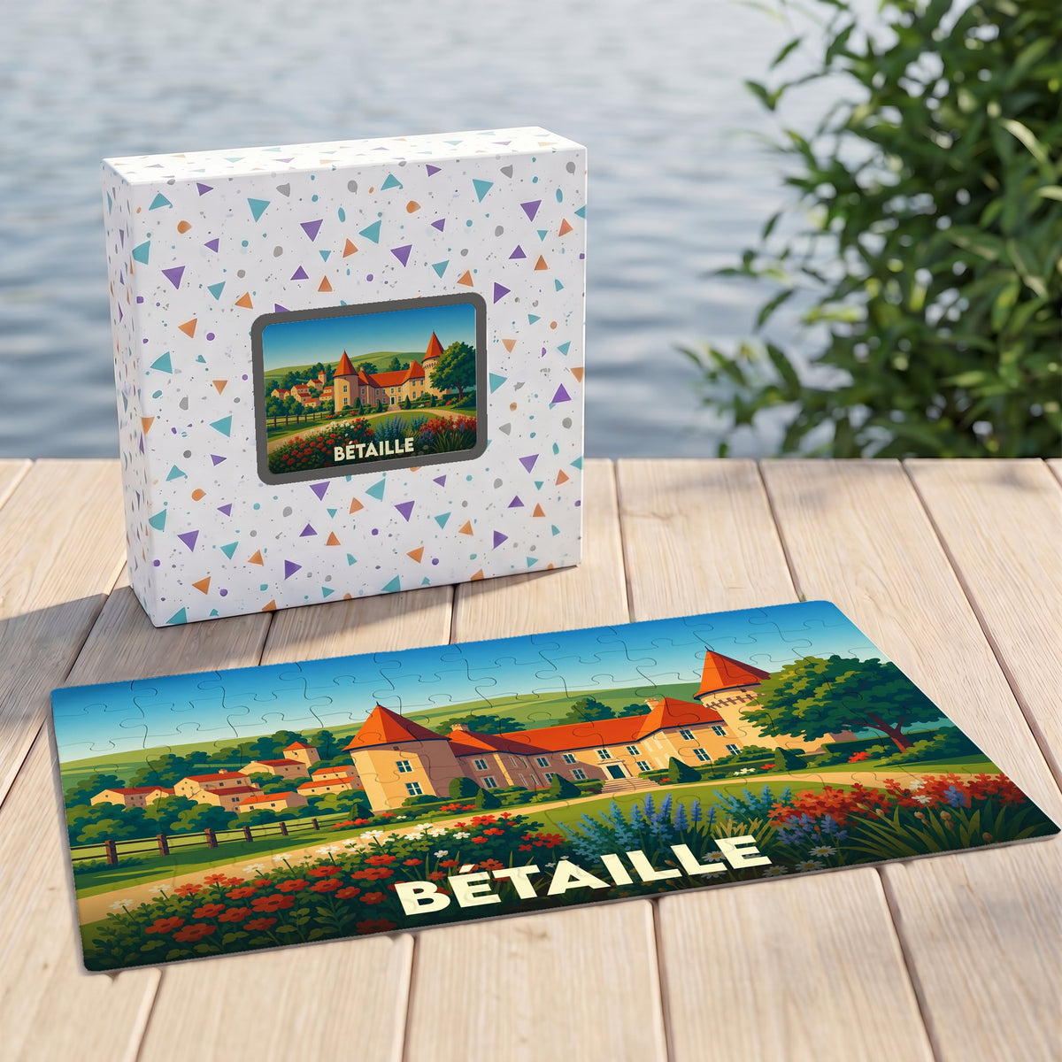 Puzzle souvenir de la ville de Bétaille avec une illustration colorée de son château.