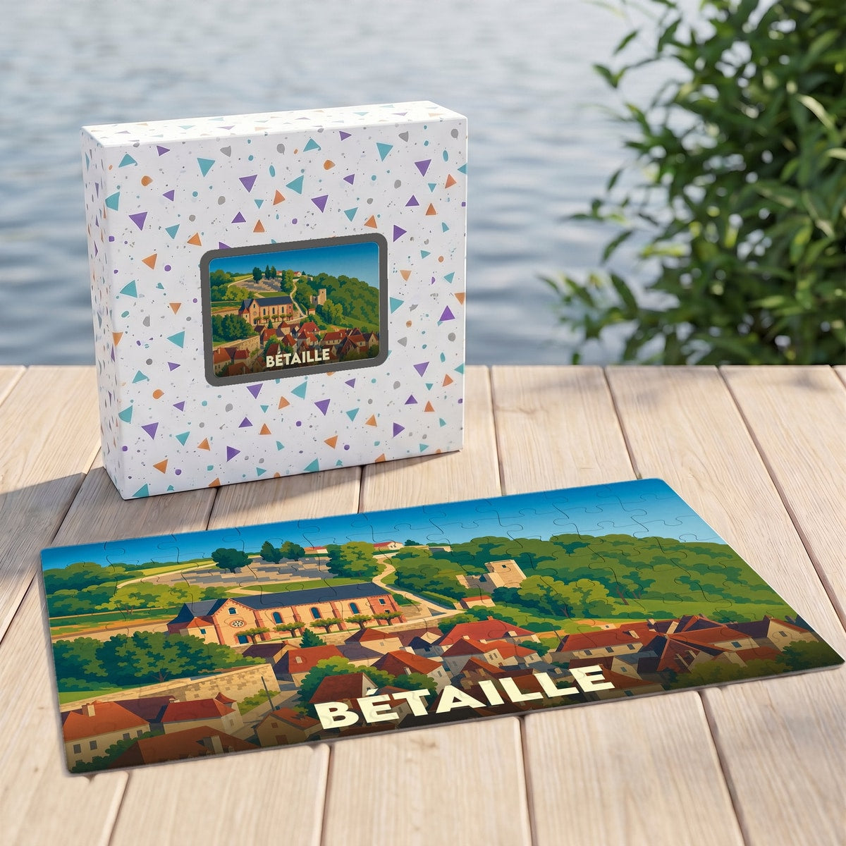 Puzzle souvenir de la ville de Bétaille illustrant un paysage de village vallonné.