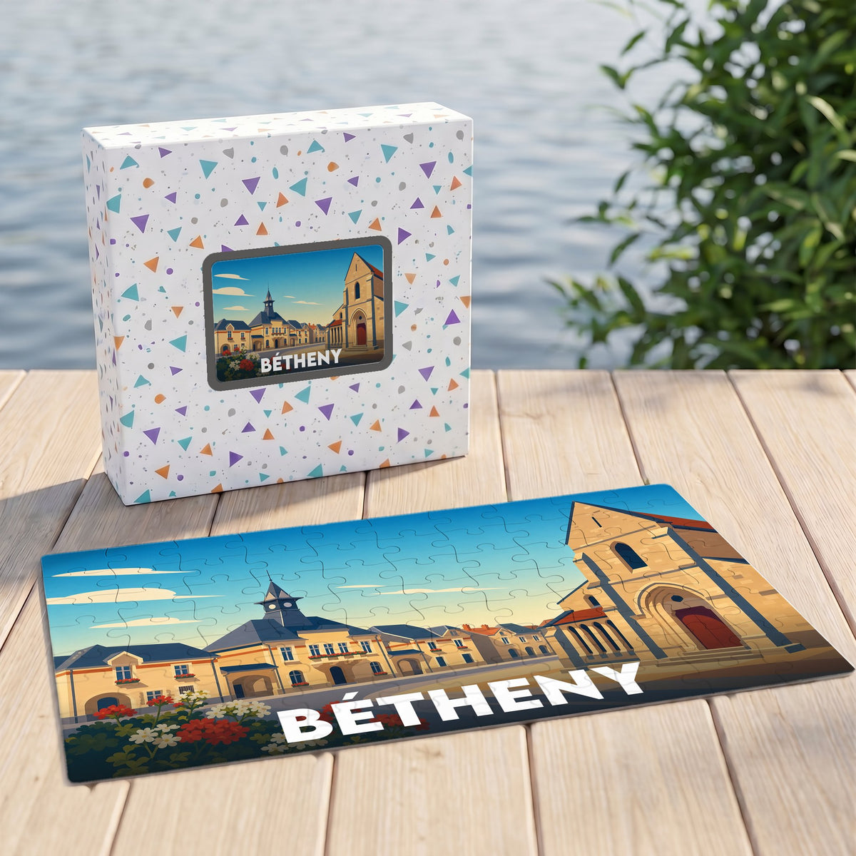 Puzzle souvenir de la ville de Bétheny présentant une illustration stylisée de son architecture locale.