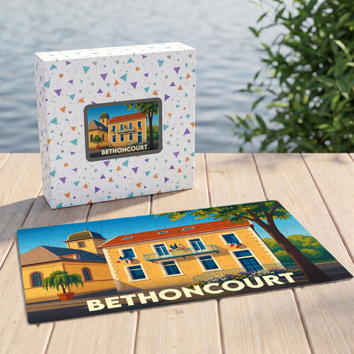 Puzzle souvenir de la ville de Bethoncourt avec une illustration colorée et stylisée.