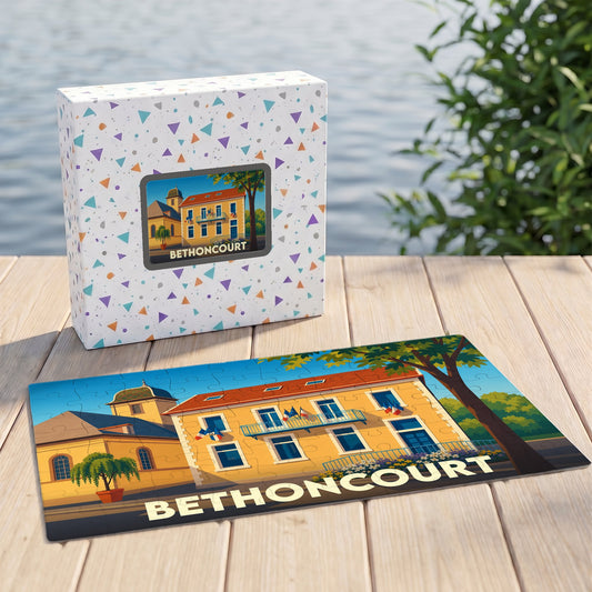 Puzzle souvenir de la ville de Bethoncourt avec une illustration colorée et stylisée.