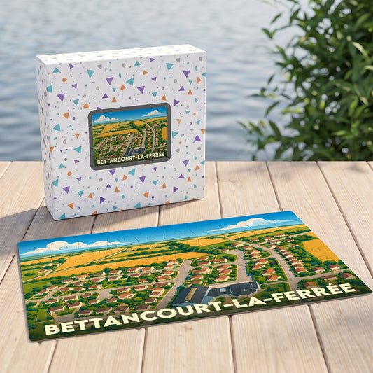 Puzzle souvenir de la ville de Bettancourt-la-Ferrée avec une illustration aérienne colorée.