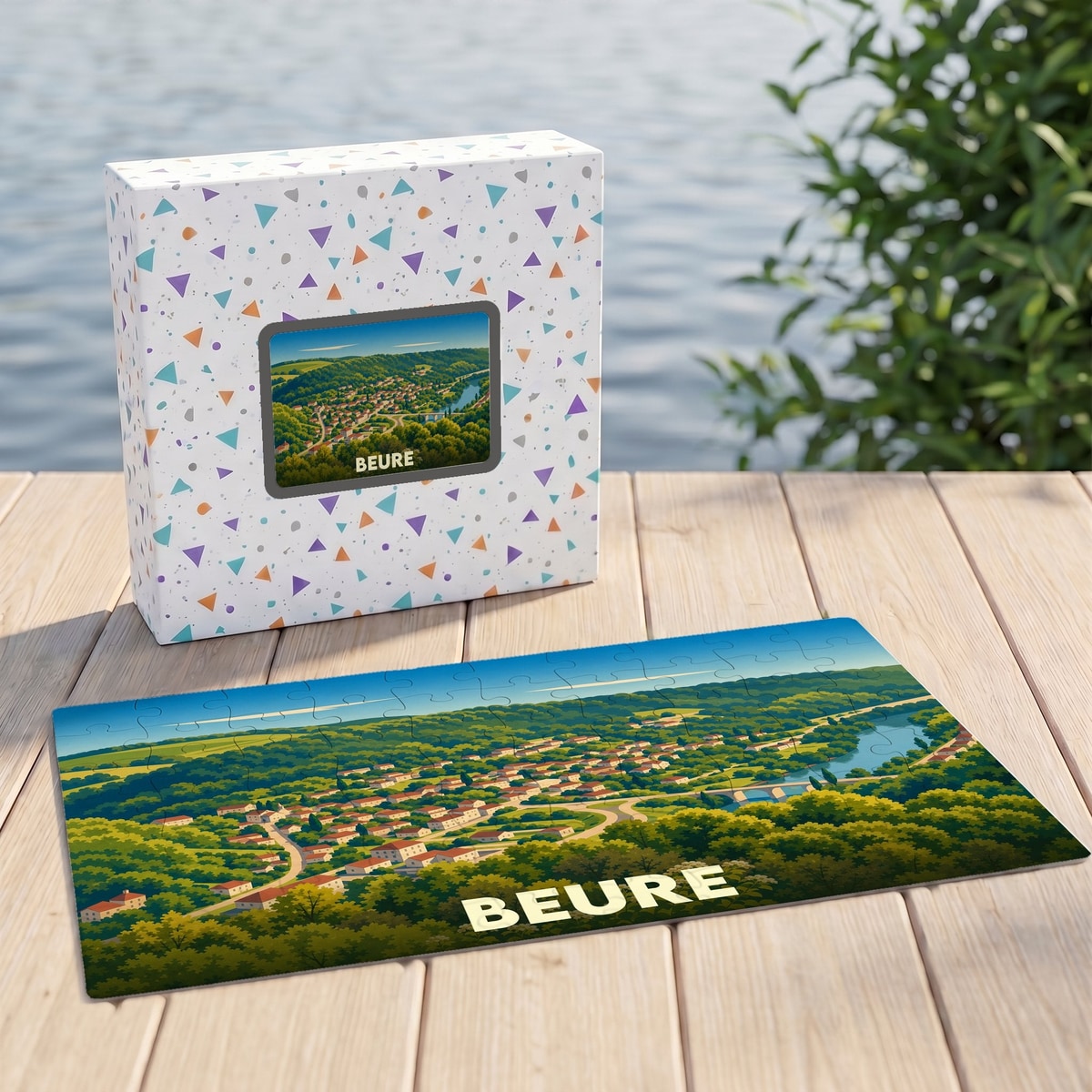 Puzzle souvenir de la ville de Beure avec une illustration panoramique stylisée.
