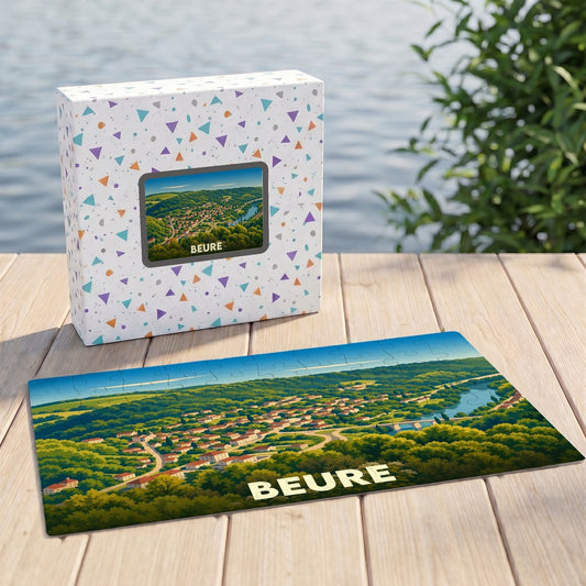 Puzzle souvenir de la ville de Beure avec une illustration panoramique stylisée.