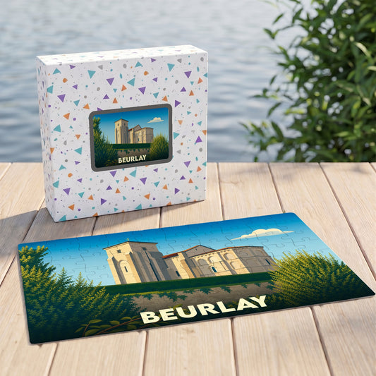 Puzzle souvenir de la ville de Beurlay illustrant une église de style roman.