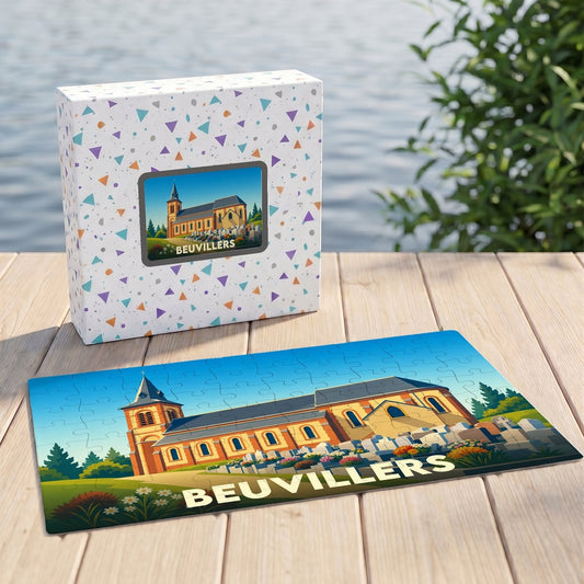 Puzzle souvenir de la ville de Beuvillers avec une illustration stylisée d'une église.