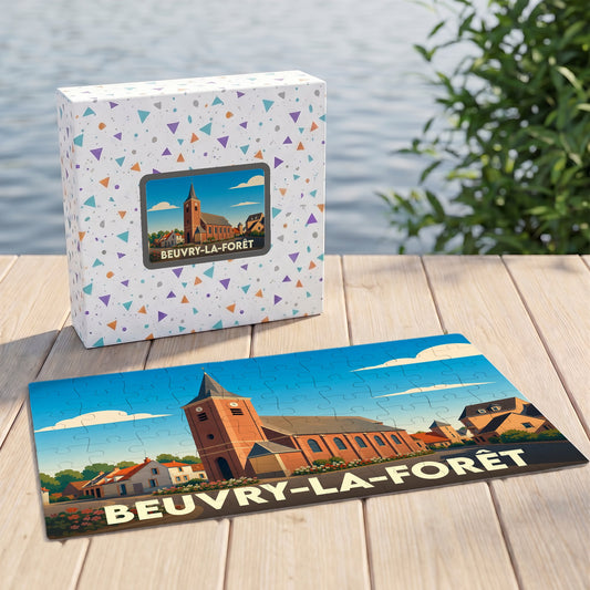 Puzzle souvenir de la ville de Beuvry-la-Forêt illustrant son église dans un style graphique épuré.