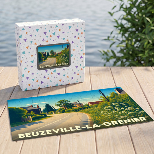Puzzle souvenir de la ville de Beuzeville-la-Grenier avec une illustration stylisée de ses paysages.