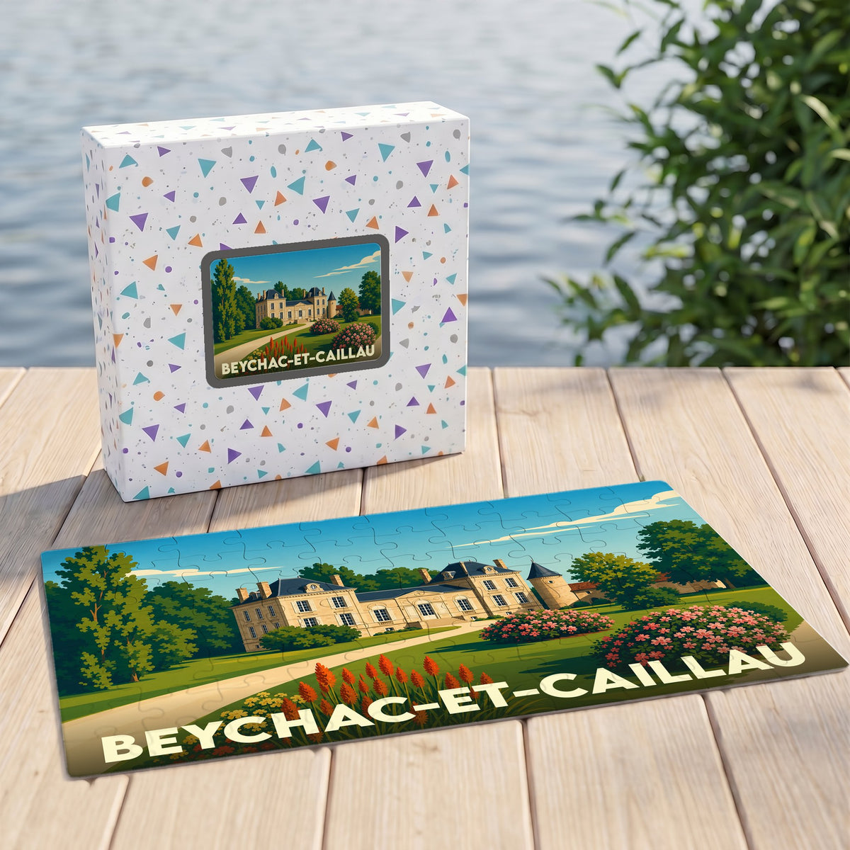 Puzzle souvenir de la ville de Beychac-et-Caillau avec une illustration stylisée d'un château.