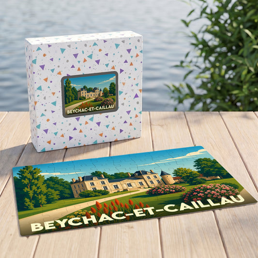 Puzzle souvenir de la ville de Beychac-et-Caillau avec une illustration stylisée d'un château.