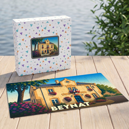Puzzle souvenir de la ville de Beynat avec une illustration colorée de sa mairie.