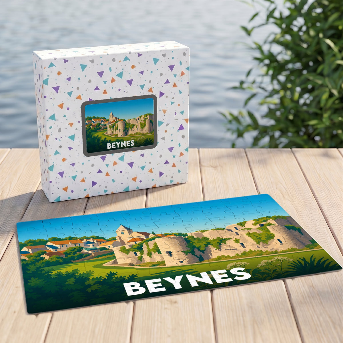 Puzzle souvenir de la ville de Beynes avec une illustration stylisée de son château et de ses maisons.