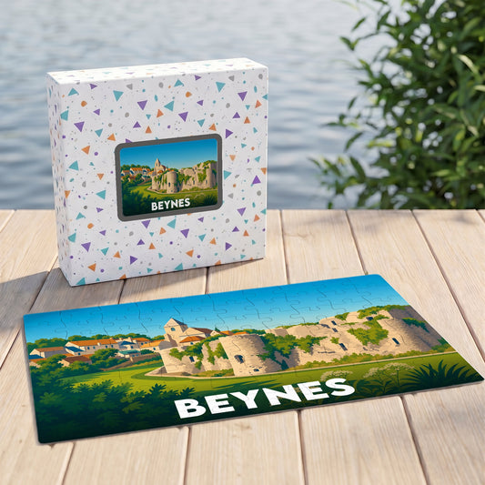 Puzzle souvenir de la ville de Beynes avec une illustration stylisée de son château et de ses maisons.