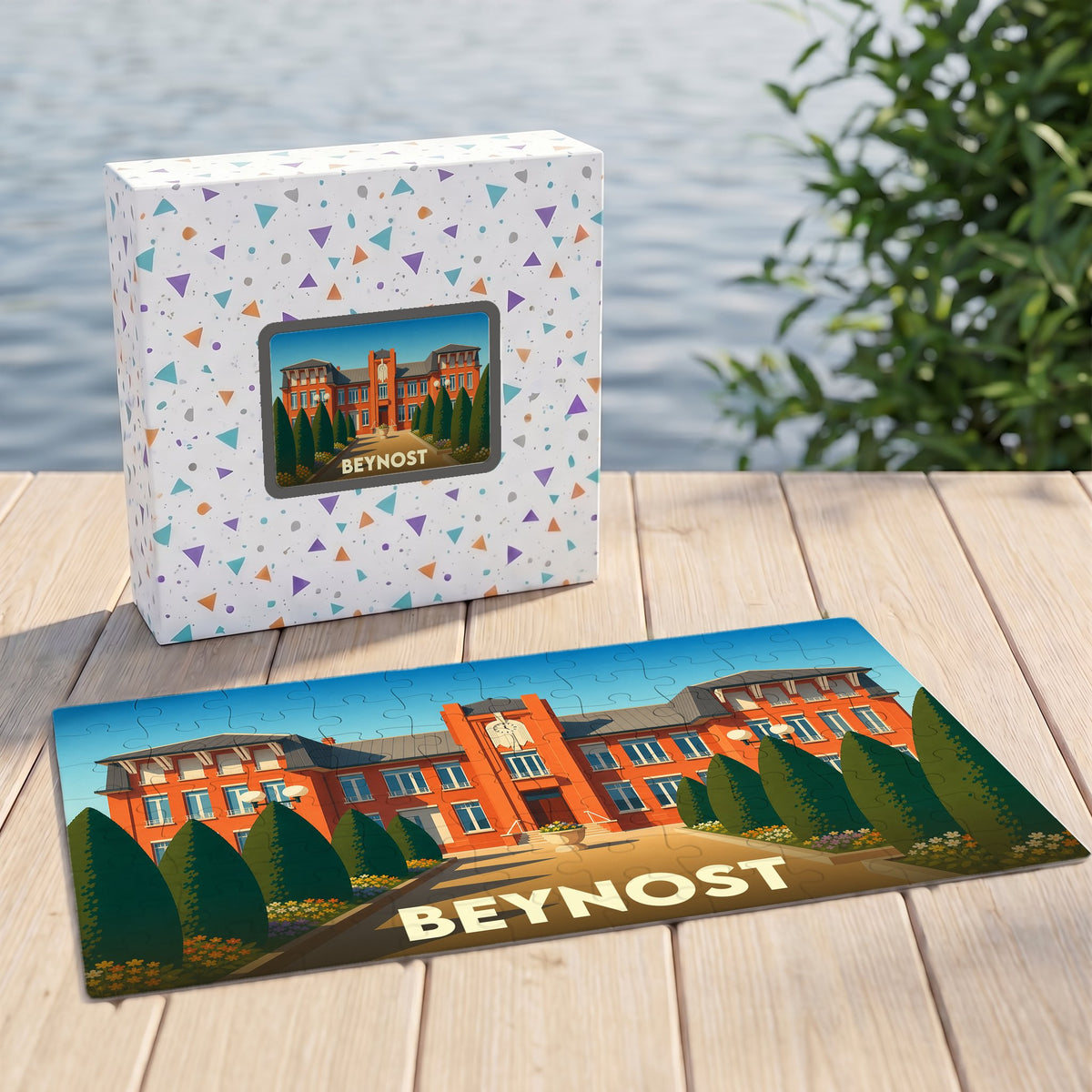 Puzzle souvenir de la ville de Beynost avec une illustration stylisée de sa mairie.