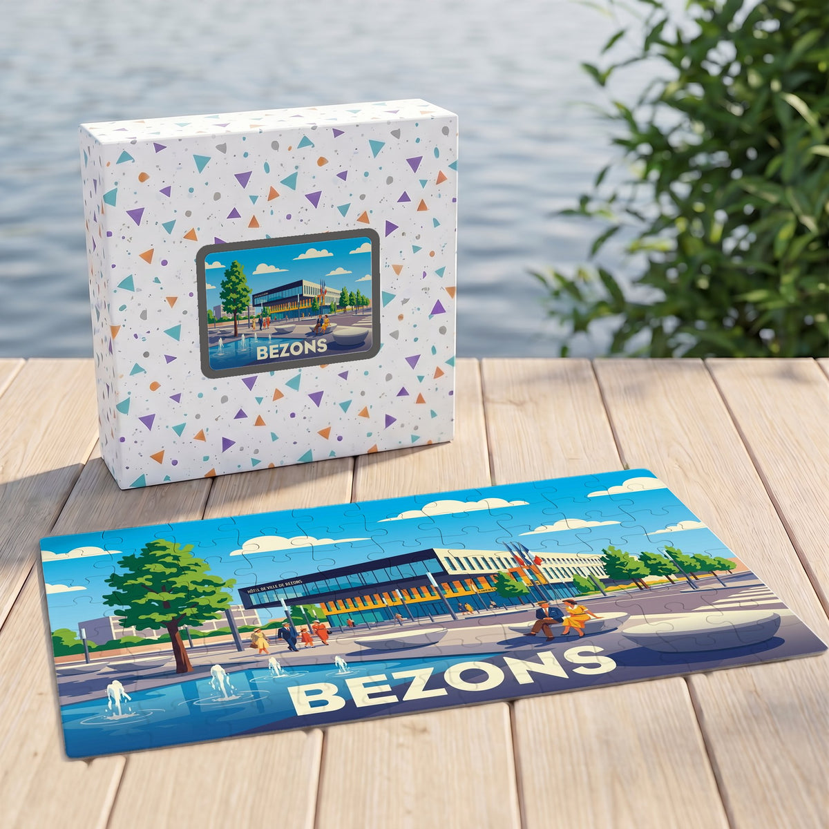 Puzzle souvenir de la ville de Bezons avec une illustration stylisée de son hôtel de ville.