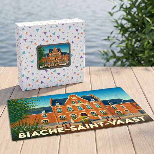 Puzzle souvenir de la ville de Biache-Saint-Vaast avec une illustration stylisée de l'hôtel de ville.