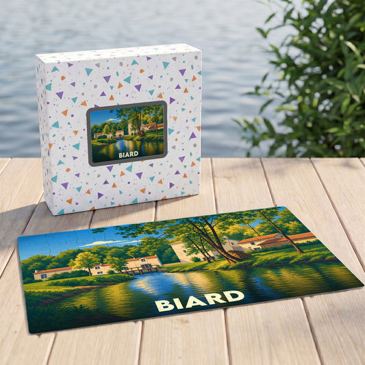 Puzzle souvenir de la ville de Biard avec son illustration paysagère et sa boîte assortie.