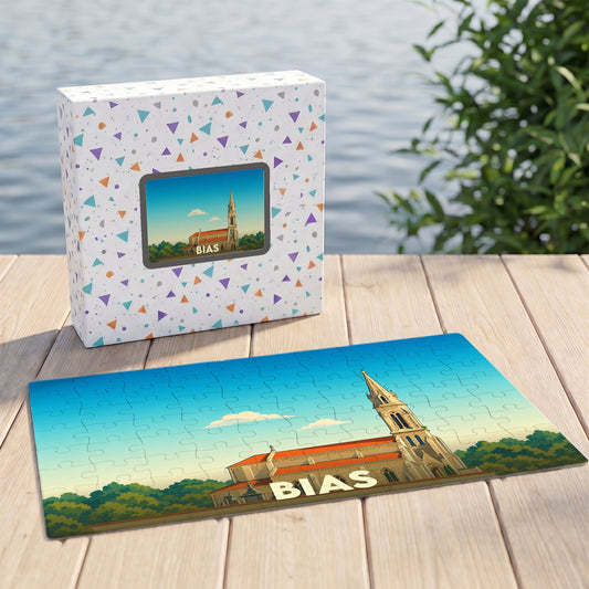 Puzzle souvenir de la ville de Bias avec une illustration stylisée d'un édifice religieux.