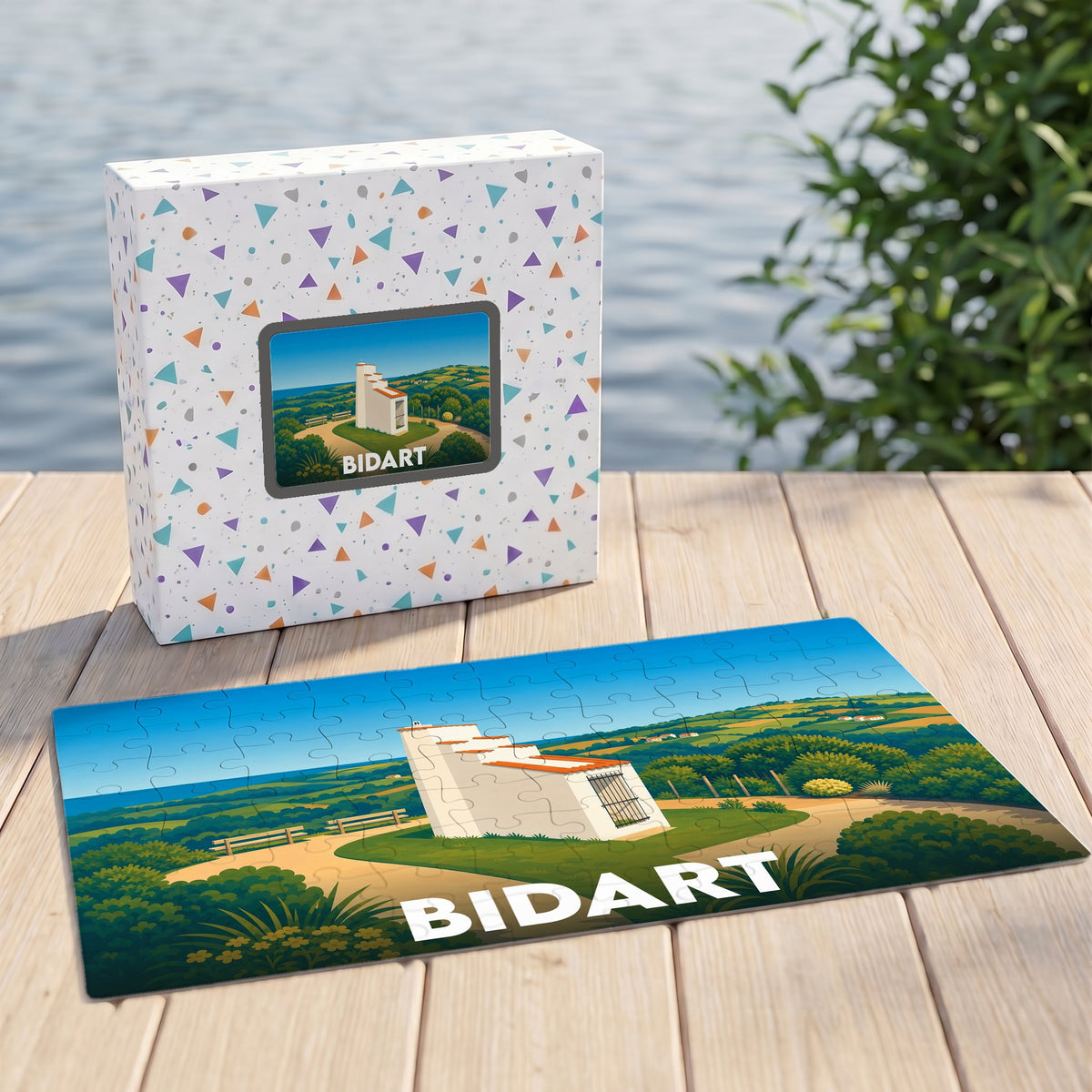 Puzzle souvenir de la ville de Bidart avec une illustration stylisée de son paysage littoral.