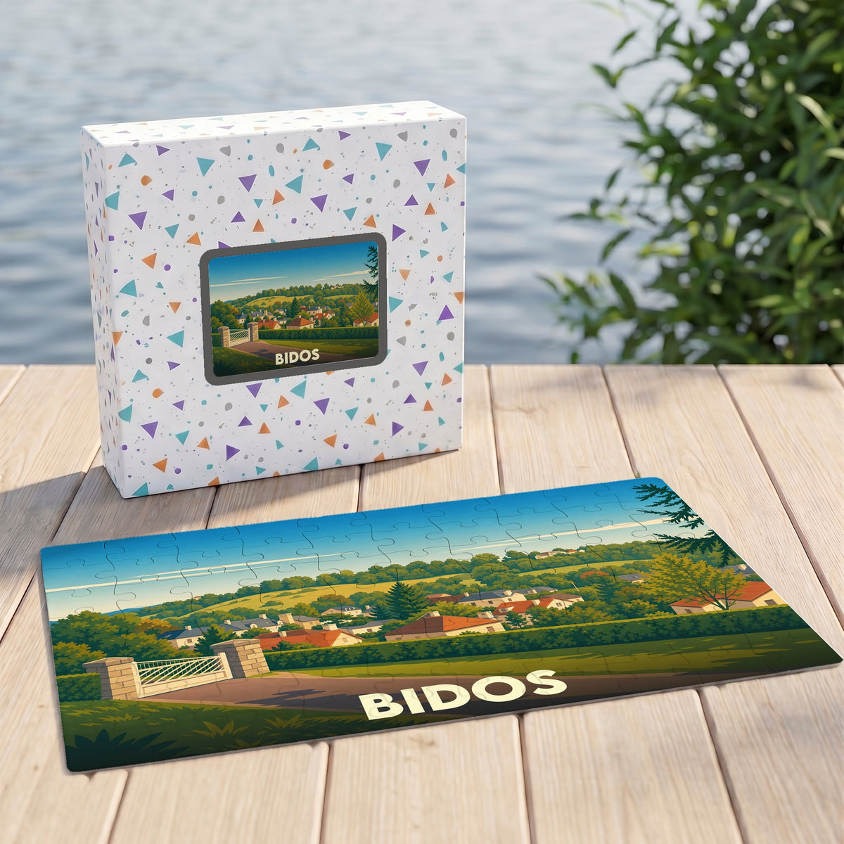 Puzzle souvenir de la ville de Bidos avec une illustration stylisée de son paysage urbain verdoyant.