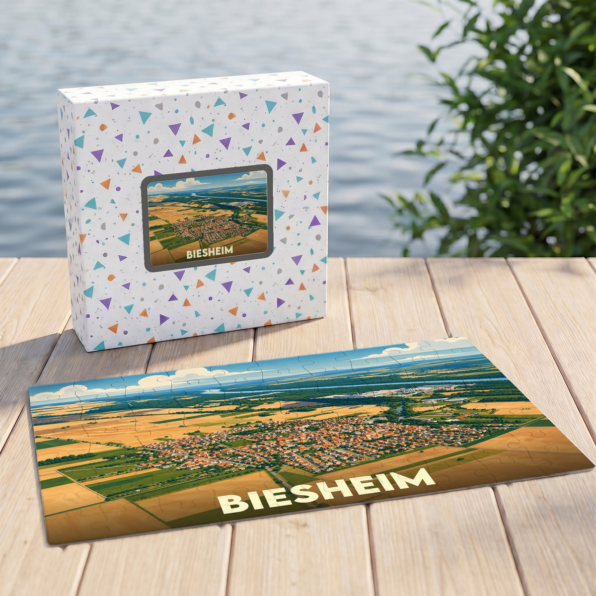 Puzzle souvenir de la ville de Biesheim avec une illustration aérienne colorée.