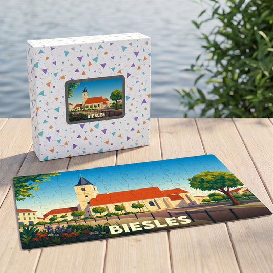 Puzzle souvenir de la ville de Biesles avec une illustration stylisée de son église.