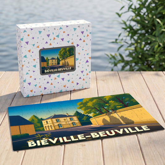 Puzzle souvenir de la ville de Biéville-Beuville avec une illustration stylisée et sa boîte assortie.