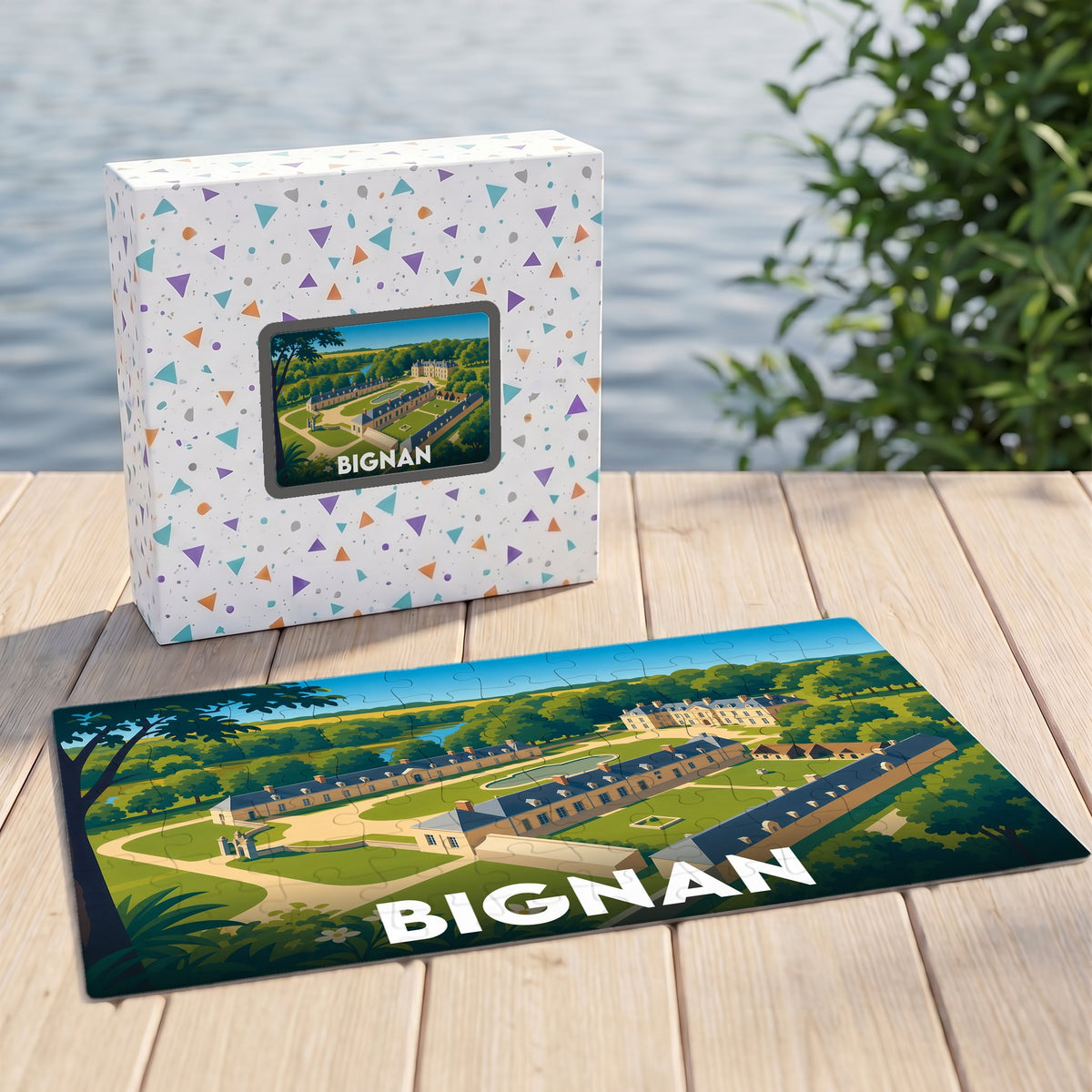 Puzzle souvenir de la ville de Bignan présentant une illustration stylisée d'un domaine historique.
