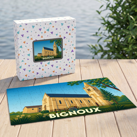 Puzzle souvenir de la ville de Bignoux avec une illustration stylisée de son église.