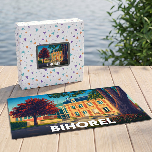 Puzzle souvenir de la ville de Bihorel avec une illustration stylisée de l'hôtel de ville.
